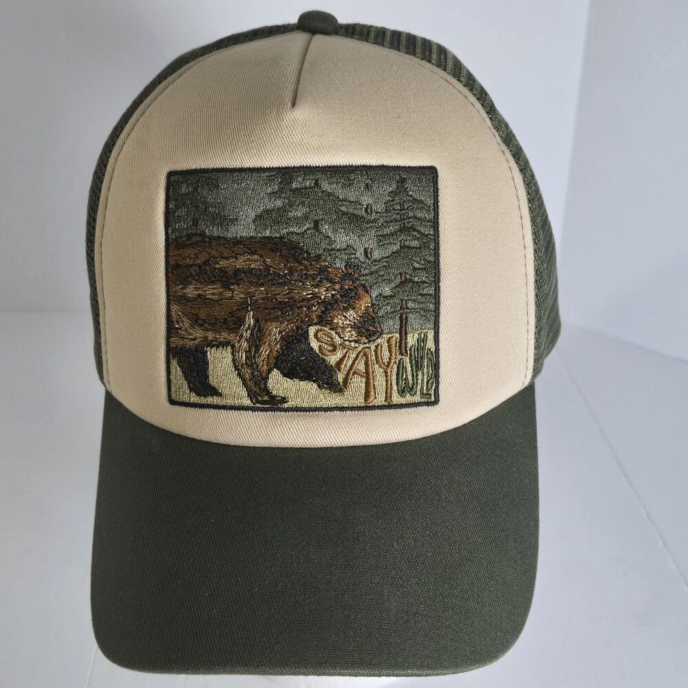Upfront "Stay Wild" Bear High A-Shape Trucker Cap Hat Olive Green Mesh Snapback